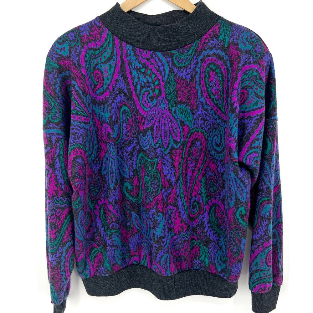 Vintage 80s Season Ticket Mock Neck Paisley Knit Sweater Shoulder Pads Size L